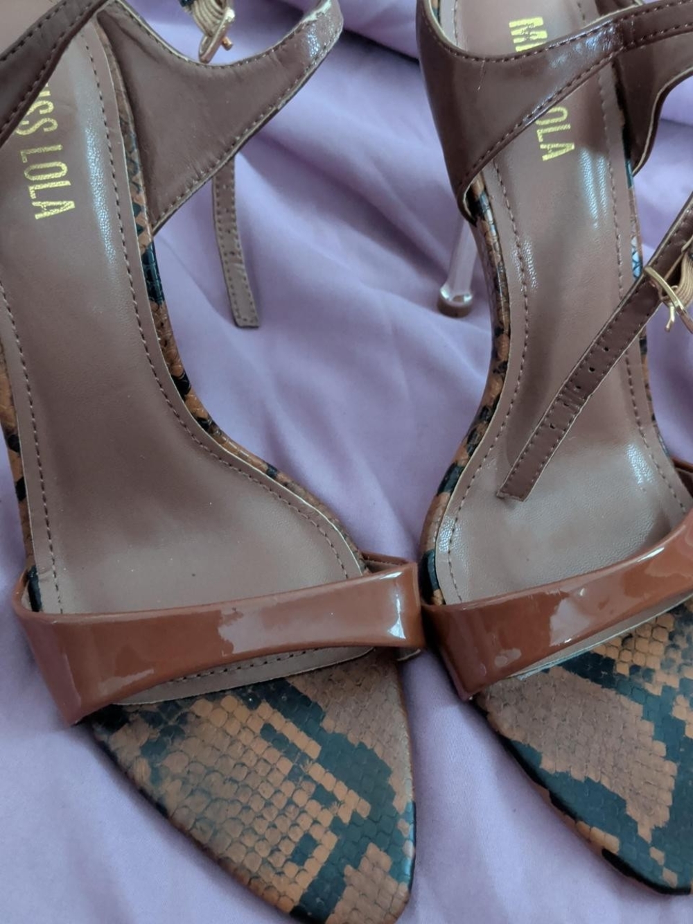 Miss Lola Brown Patent Pointed-Toe Heels with Snakeskin Accent